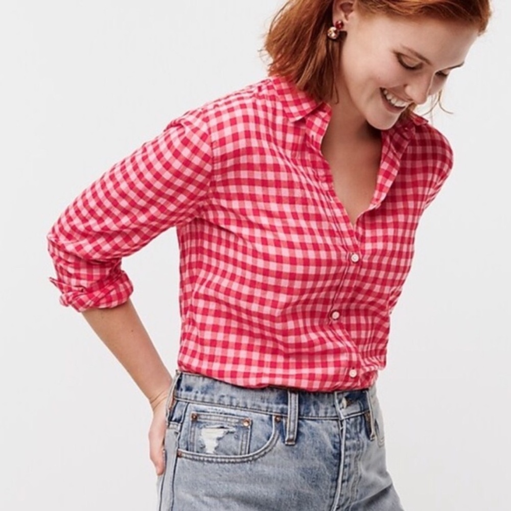 J Crew Red Gingham Plaid Button Down Shirt size 8 medium